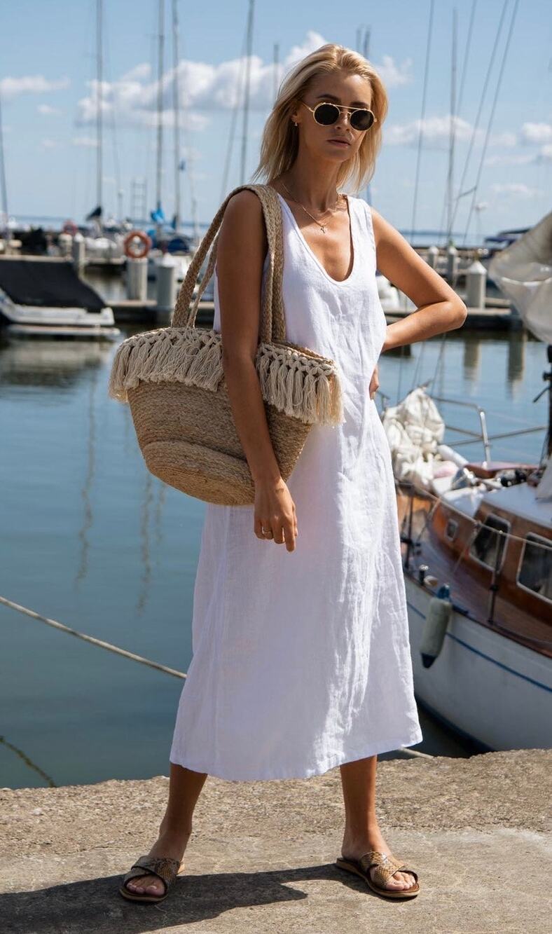 Sauths NIDA 100% LINEN DRESS IN WHITE Resort Ware, Med